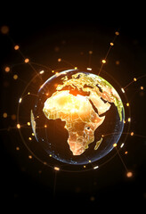 Globe with glowing network connections, focusing on Africa, global communication and technology