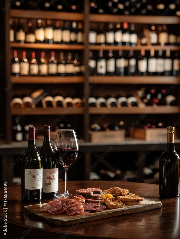 Poster elegant wine cellar showcasing vintage bottles alongside a tasting table with red wine and charcuter