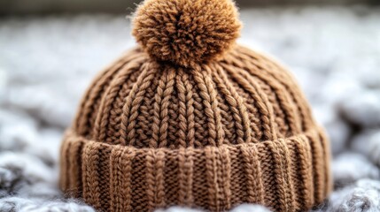 Obraz premium Brown knitted hat, fluffy pompom, cozy winter.
