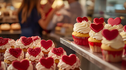A festive Valentine's Day bakery display featuring heart-shaped cookies, cupcakes with red icing, and a couple sharing a sweet moment while choosing their favorite treats in the shop 