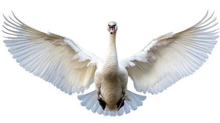 Swan in Flight: A majestic white swan with outstretched wings, capturing the grace and beauty of nature's elegance. Its feathers are spread wide, creating a sense of freedom and tranquility.  