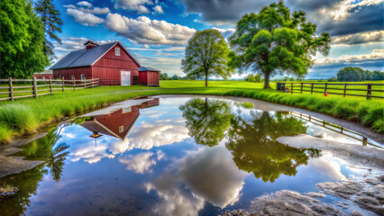 Obraz premium Red barn with pond reflection on sunny day.