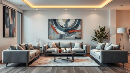 Fototapeta premium Modern living room with plush grey sofa, abstract art on the wall, and warm ambient lighting, elegant, decoration