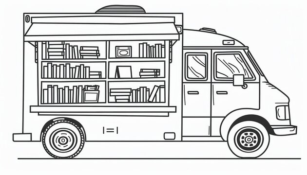 A mobile library van brings books to communities. Ideal for promoting literacy and providing access to reading materials in underserved areas. Perfect for coloring pages.
