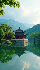 Fototapeta premium Ancient Summer Palace, Beijing's West Lake backdrop Ornate roofs, lush greenery, calm waters , Beijing, West Lake