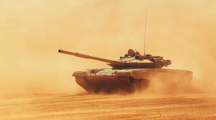 tank operates in desert sandstorm, showcasing its power and resilience amidst reduced visibility. scene captures intensity of military operations in harsh environments