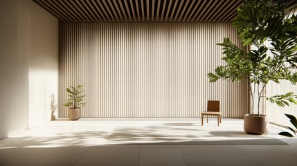 Minimalist Indoor Space with Natural Light, Plants, and Simple Furniture Design