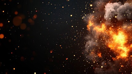 Obraz premium Explosive Fire Eruption with Sparks and Smoke Over a Dark Background for Dramatic Visual Impact