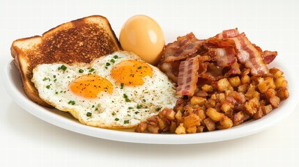 Breakfast Plate with Eggs, Bacon, Toast, and Hash Browns on White Background