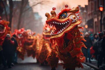 Fototapeta premium Colorful chinese dragons dancing on street during lunar new year parade