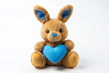 Fototapeta premium Cute Brown Bunny Toy with Blue Heart, Close-up Studio Shot