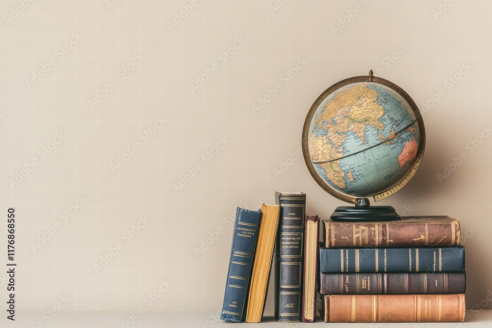 Aufkleber classic globe with stacked travel guidebooks inviting exploration of the world from a cozy setting. 