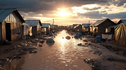 Serene Sunset Over Flooded Community With Makeshift Shelters and Reflection on Water