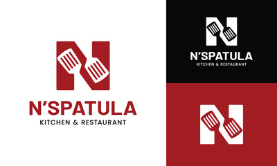 Fototapeta premium Letter Initial N Spatula Logo Design Template. Suitable for Restaurant Kitchen Bistro Cafe Catering Eatery Grill Barbeque or Chef Cook Kitchener Food Blogger Business Brand Company Logo Design