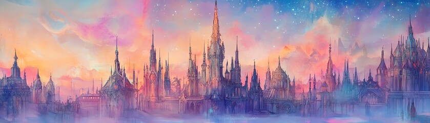 Obraz premium Magical fairytale castle city at sunset. Dreamlike watercolor painting of a fantasy kingdom.
