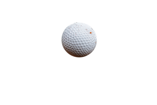 Golf ball resting on a smooth surface under bright lighting highlighting its texture and imperfections