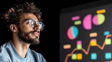 man with curly hair and glasses analyzes colorful data visualizations on screen, reflecting focused and analytical mindset