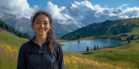 Naklejka premium Adventurous young woman smiling amidst scenic mountain landscape alpine lake portrait photograph bright day nature vibes