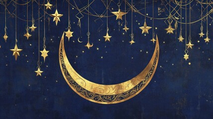Naklejka premium Golden Celestial Dreamscape: A Night Sky Tapestry of Moon and Stars