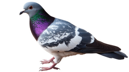 Fototapeta premium A Symbol of Peace: A close-up of a pigeon with its head tilted, looking alert and curious. The bird's plumage is a captivating blend of gray, purple, and white.