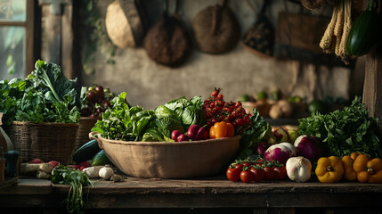 Fresh vegetables arranged on a rustic table in a vibrant market setting during the day
