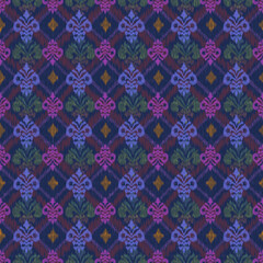 colorful ikat pattern It is a red traditional Thai pattern interspersed with a brown diamond grid and green stars in a light blue diamond frame. on a dark blue background