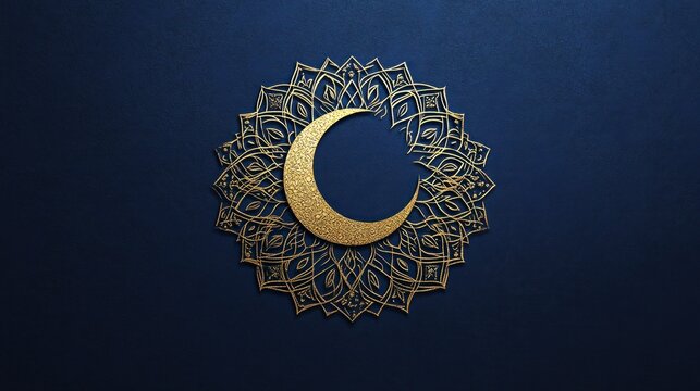 Gold crescent moon in mandala design on navy blue background.