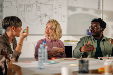Marketing team brainstorming new ideas during office meeting