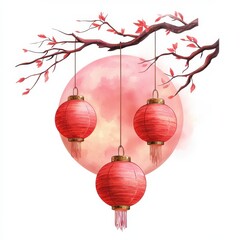 Fototapeta premium Watercolor illustration of tree branch with pink moon and lanterns