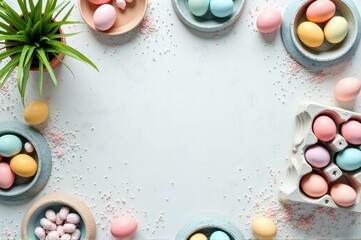 Colorful pastel easter eggs arranged on a white background with plant
