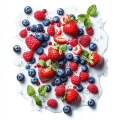 Obraz premium Delicious fresh strawberries, raspberries, and blueberries scattered on a creamy white background. Perfect for food blogs, magazines, or healthy eating campaigns.