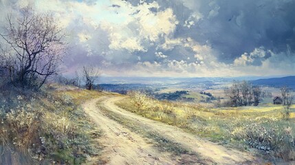 Obraz premium Serene countryside road winding through a hilly landscape under a dramatic sky.