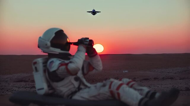 Silhouetted against the AI-generated anamorphic 4K canvas of a breathtaking desert sunset, a solitary figure sits contemplatively, transfixed by the serene, waning light and the distant