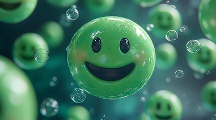 Happy green emoticons floating, bubbles background, positive mood, website design.