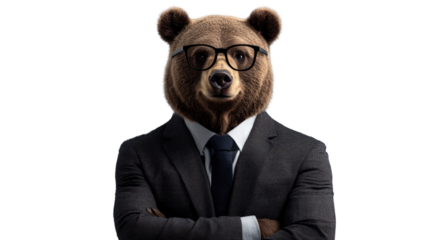 Bear in a Suit: A charismatic brown bear in a business suit and glasses, arms crossed, exudes confidence and authority.  A playful yet professional image, perfect for finance, leadership.