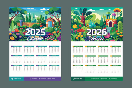one page calendar design for 2025 and 2026 with hill mountain background