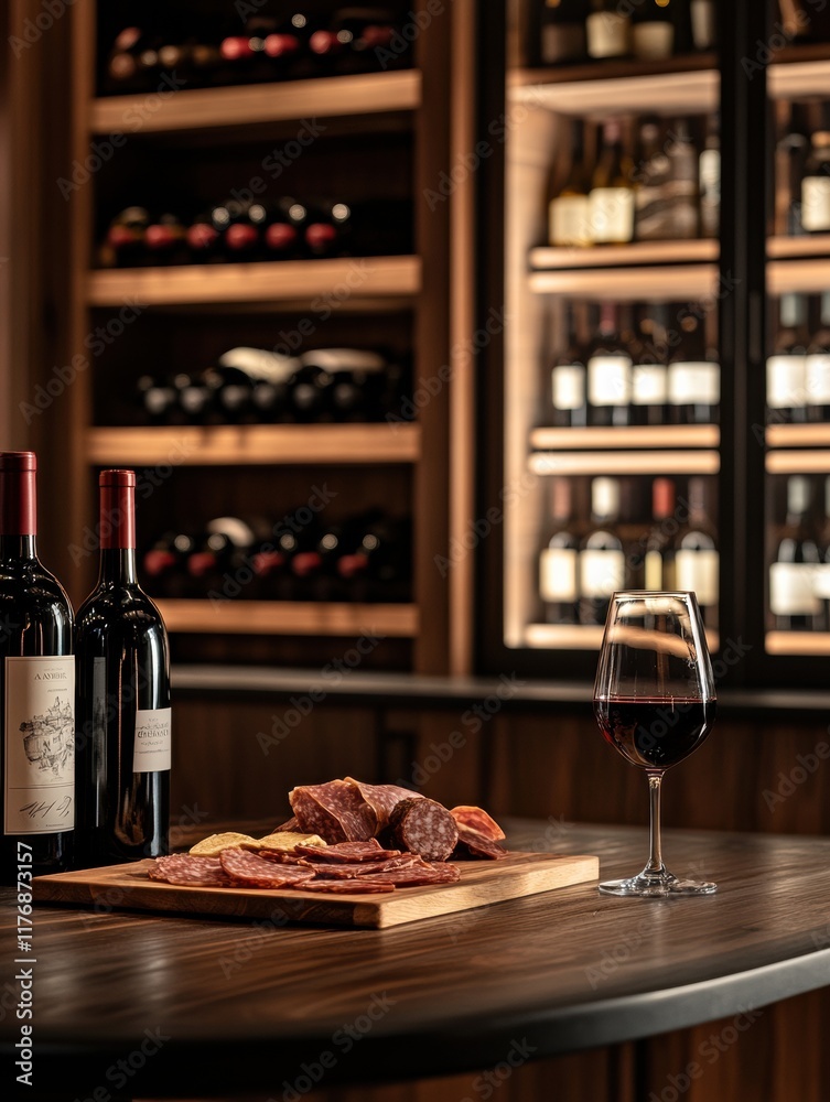 Aufkleber elegant wine cellar featuring vintage bottles and a tasting table with red wine and charcuterie boar