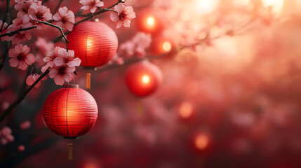 Artistic Celebration of Chinese New Year Featuring Sakura Branches and Lanterns on a Striking Red Background for 2025