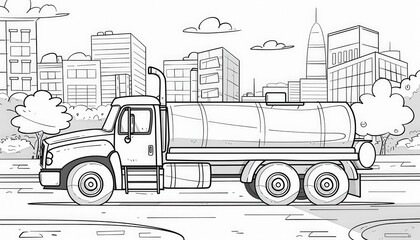 A tanker truck drives through a bustling cityscape. Perfect for coloring books or educational materials about transportation or urban life.