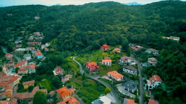 4K Aerial Drone Video of Mountainside Farmhouses and Vineyards in Cavallasca, Italy on a Summer Evening