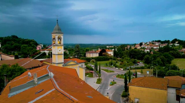 4K Aerial Drone Video of Church Bell Tower in Cavallasca, Italy on a Summer Evening