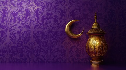 Ramadan Kareem: Golden Lantern and Crescent Moon on Purple Background