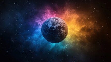 Obraz premium Vibrant nebula surrounds Earth in space; cosmic art, planet Earth, colorful galaxy, star-filled background, celestial body, astronomical image, space exploration.