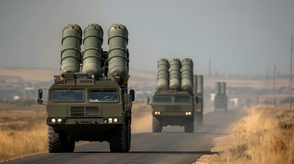 Military convoy transporting missile systems on dusty road, showcasing advanced defense technology and readiness for deployment