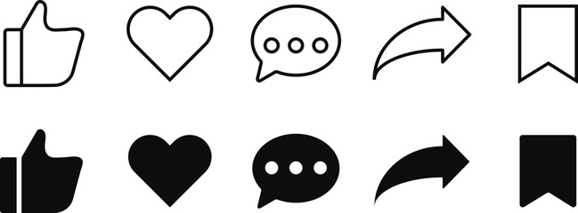 Like, comment, share, save icon set. Social media icon set like comment share save. 