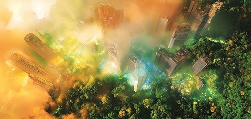 Obraz premium Futuristic city engulfed in vibrant, colorful smoke and fog. Aerial view of towering skyscrapers amidst lush green vegetation. Concept art depicting nature reclaiming urban spaces.
