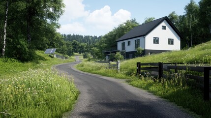 Naklejka premium Scenic rural road with a modern house and lush greenery.
