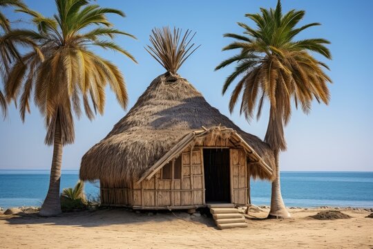 Wooden beach hut with thatched roof nestled between palm trees on a sunny beach with calm ocean