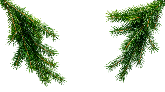 Christmas corner arrangement with green pine twigs isolated on white or transparent background