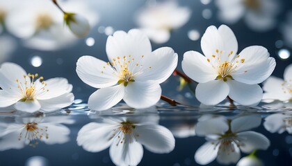 Fototapeta premium 水面に浮かぶ白い桜の花びらの背景素材、リアルなイラスト。春のイメージ。AIで生成 